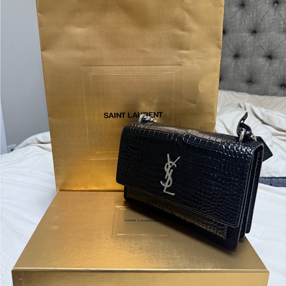 Yves Saint Laurent Black Croc-Embossed Crossbody Bag - Picture 5 of 7